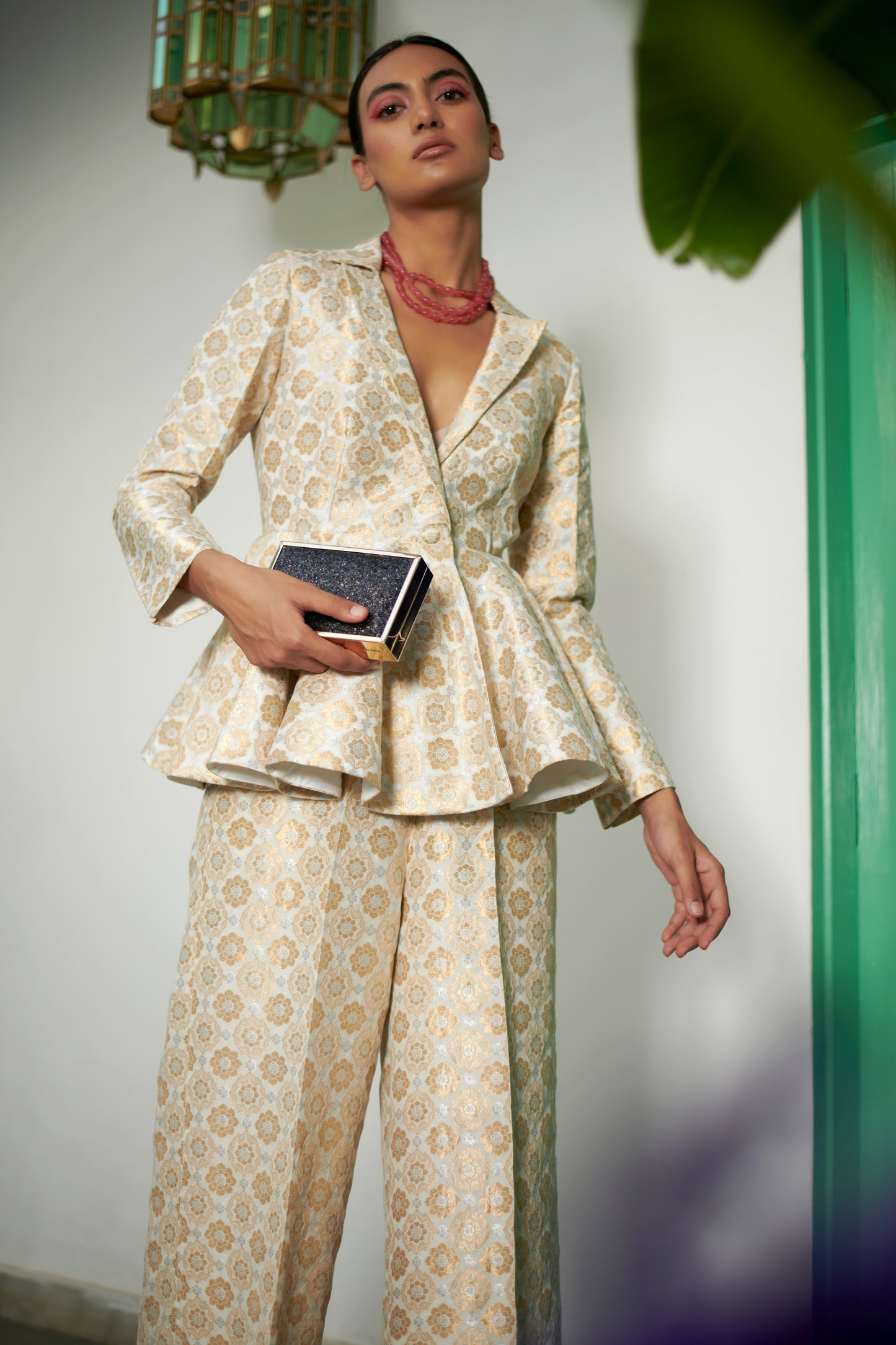 Ivory Peplum Brocade Pantsuit