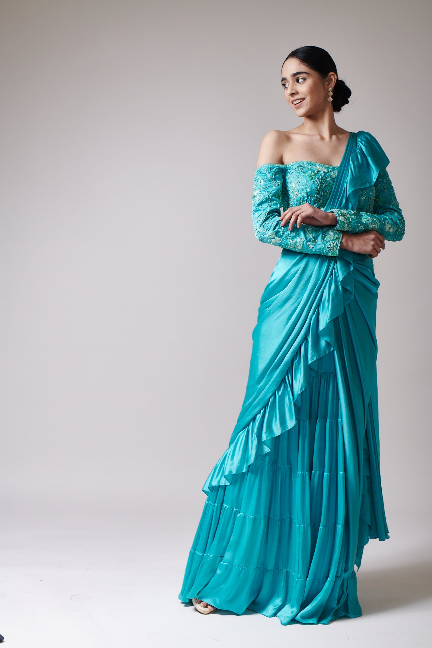 Aqua Cascade Drape Saree