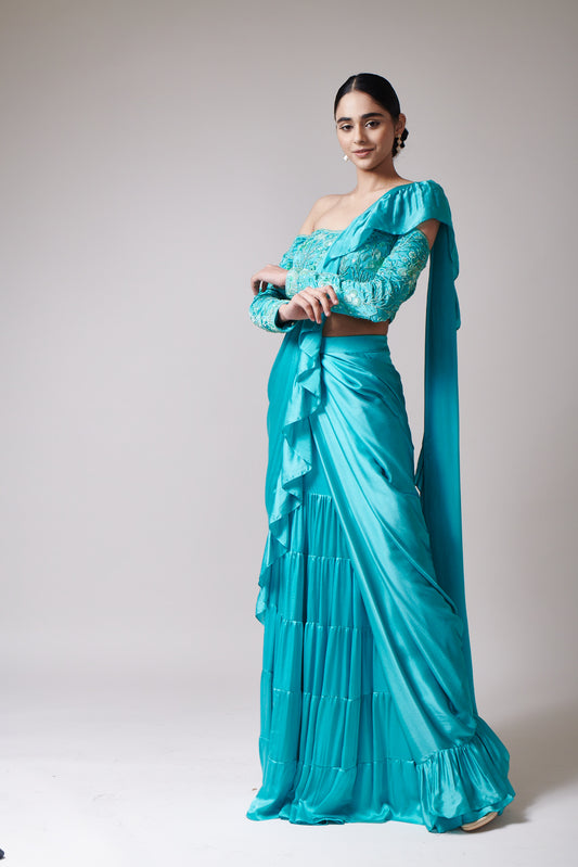 Aqua Cascade Drape Saree