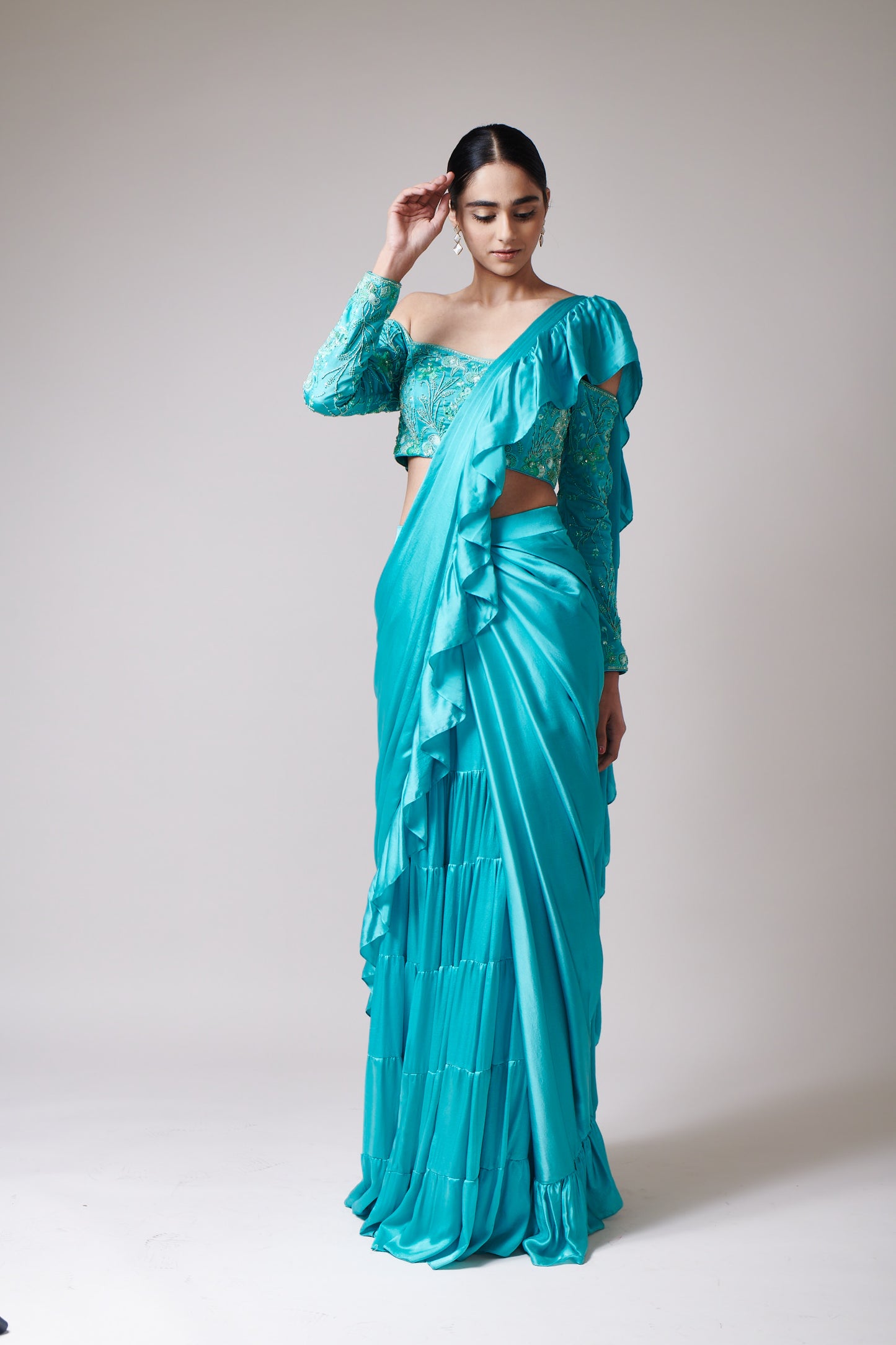 Aqua Cascade Drape Saree