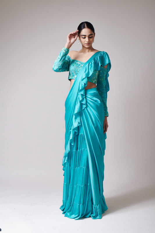 Aqua Cascade Drape Saree