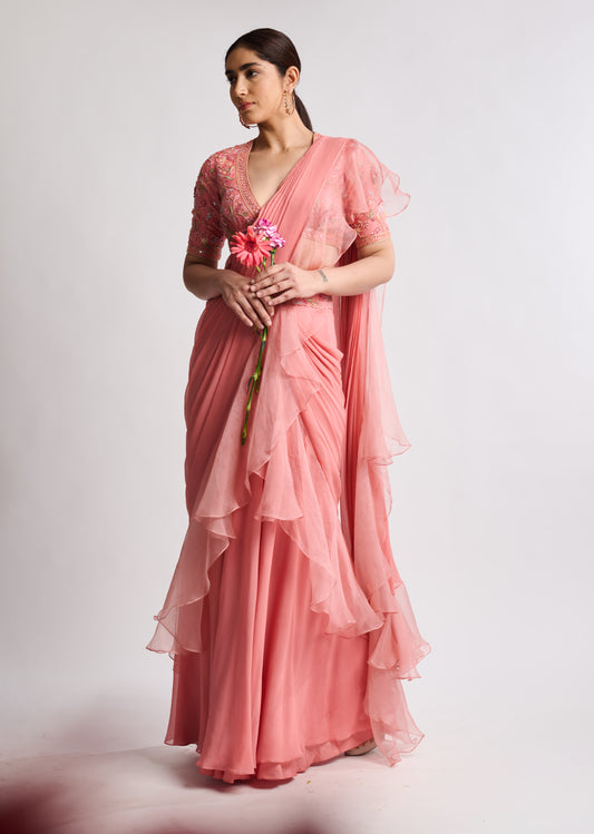 Blush Ruffle Drape Saree