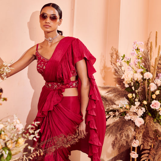 Crimson Ruffle Drape Saree