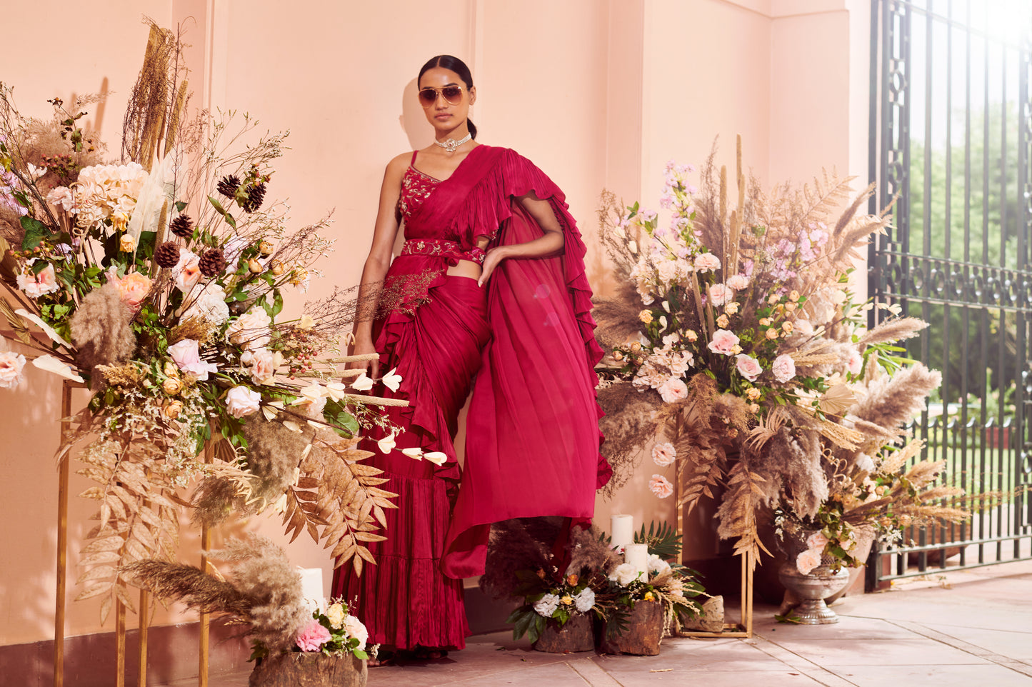 Crimson Ruffle Drape Saree