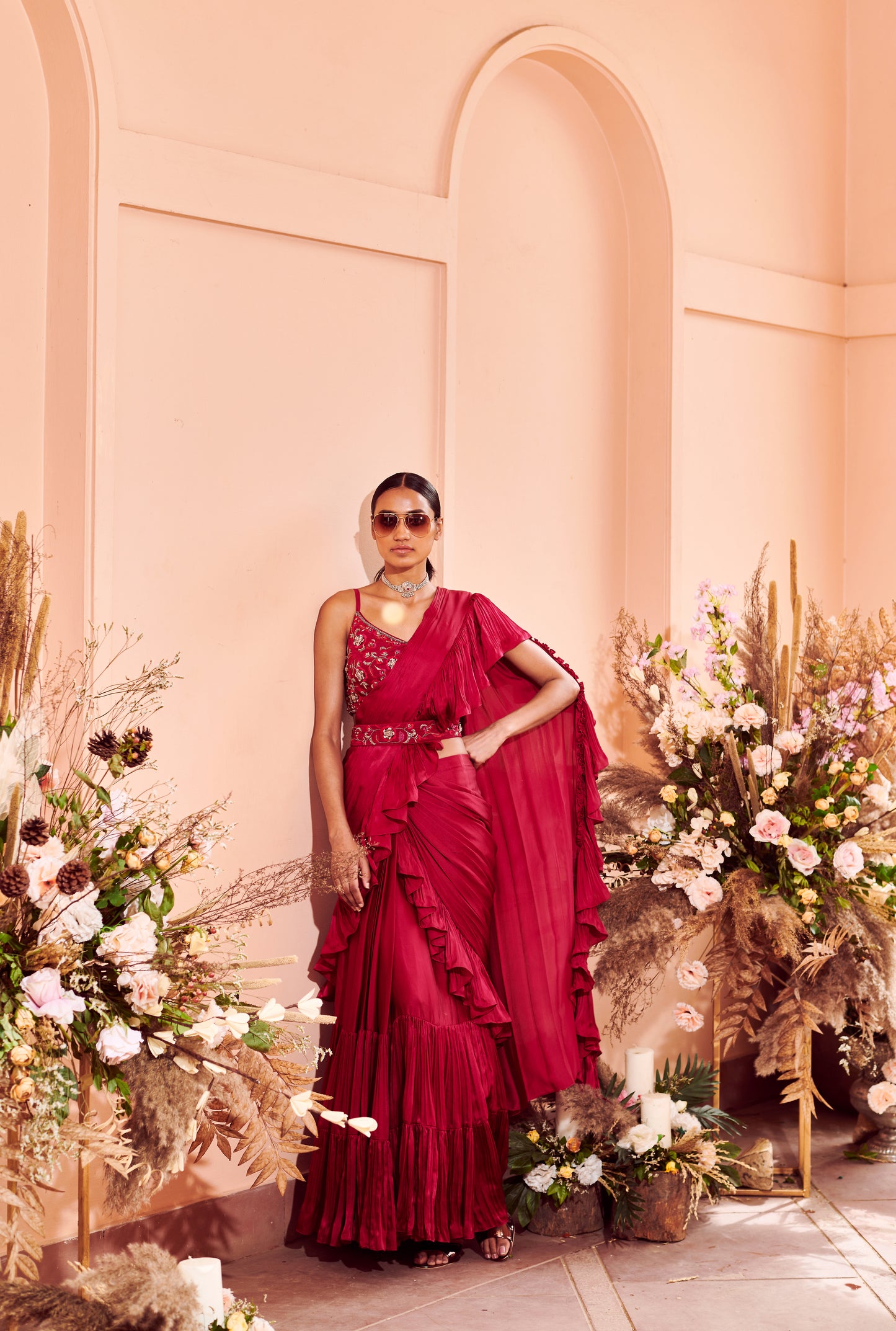 Crimson Ruffle Drape Saree