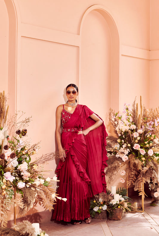 Crimson Ruffle Drape Saree