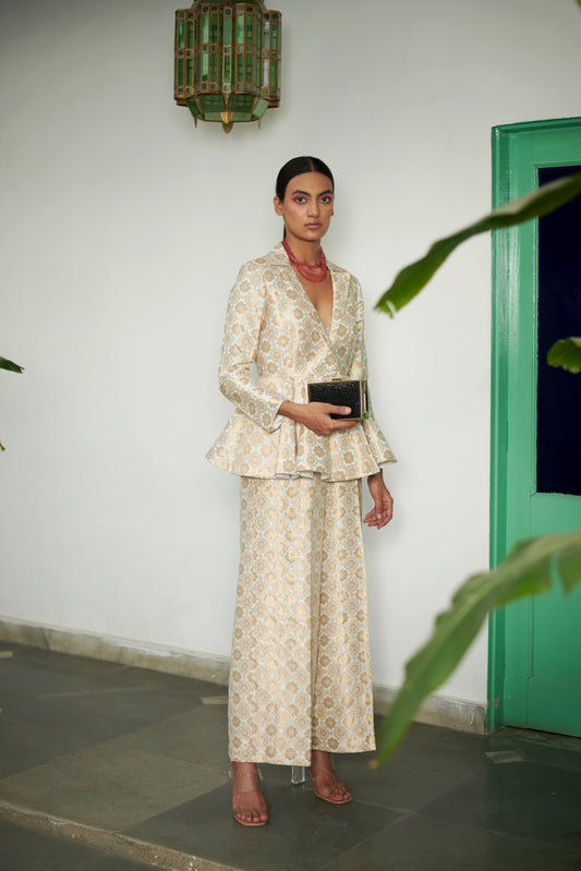 Ivory Peplum Brocade Pantsuit