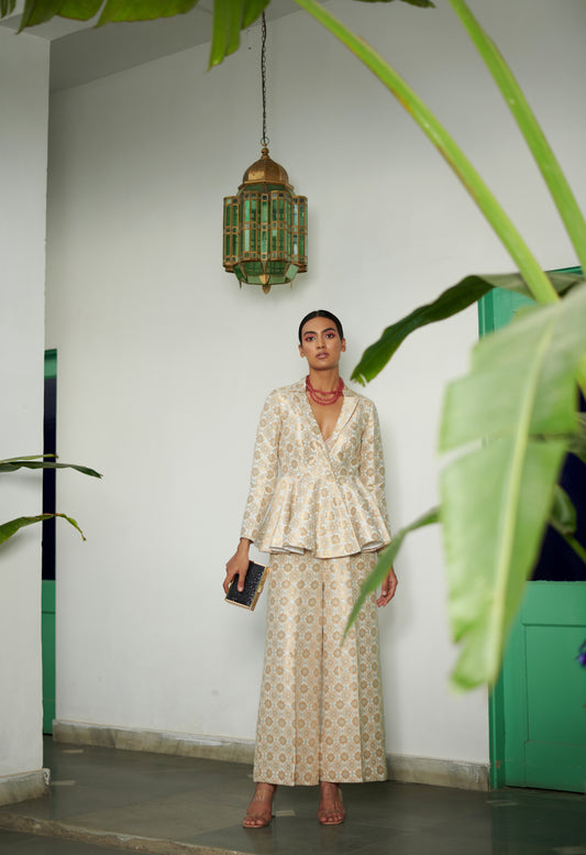 Ivory Peplum Brocade Pantsuit